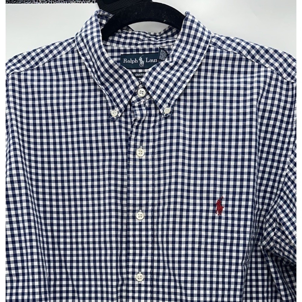 Polo Ralph Lauren Navy Blue Gingham Long‎ Sleeve Button Down Mens XL Custom Fit